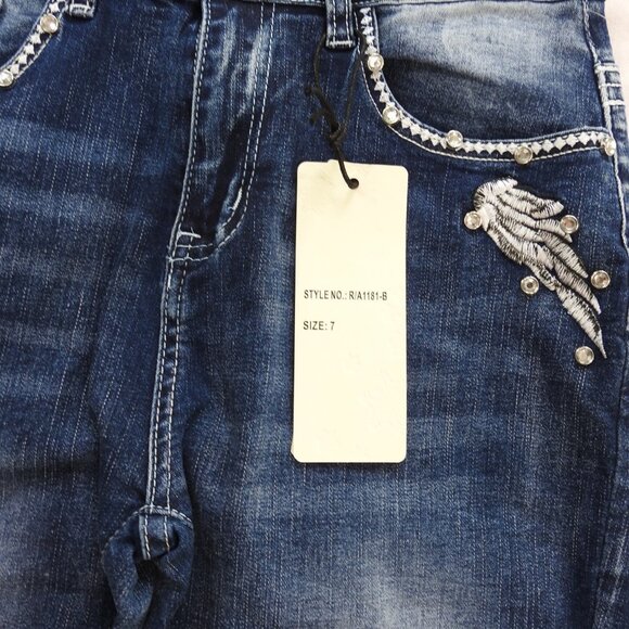 New Sky Premium Women's Western Flared Jeans Sz 7 Angel Wings Skull Y2K - Picture 7 of 12